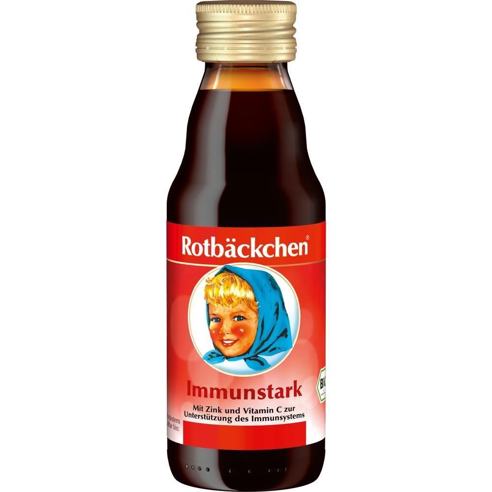 Braune Flasche mit rotem Etikett und einem Bild eines lächelnden Kindes.